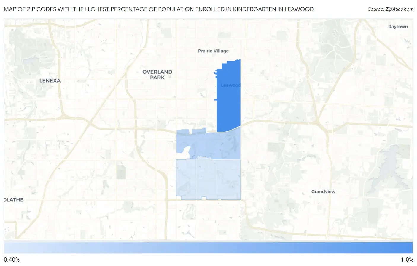 Zip Codes with the Highest Percentage of Population Enrolled in Kindergarten in Leawood Map