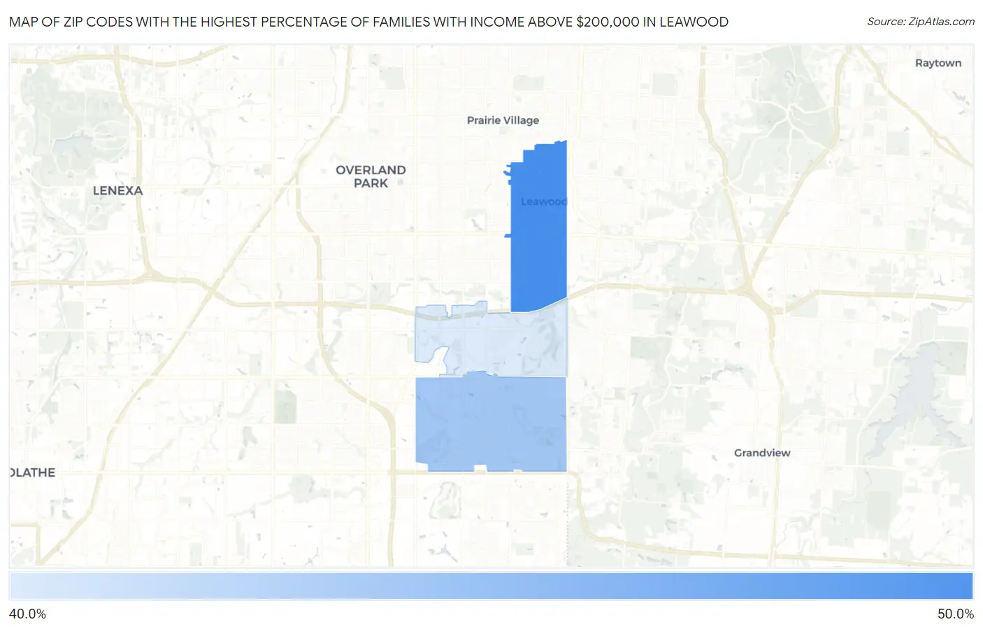 Zip Codes with the Highest Percentage of Families with Income Above $200,000 in Leawood Map