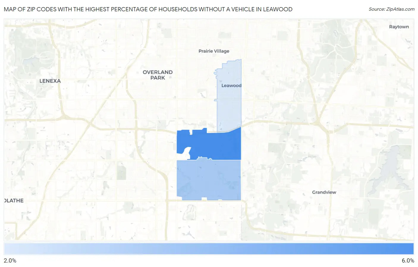 Zip Codes with the Highest Percentage of Households Without a Vehicle in Leawood Map