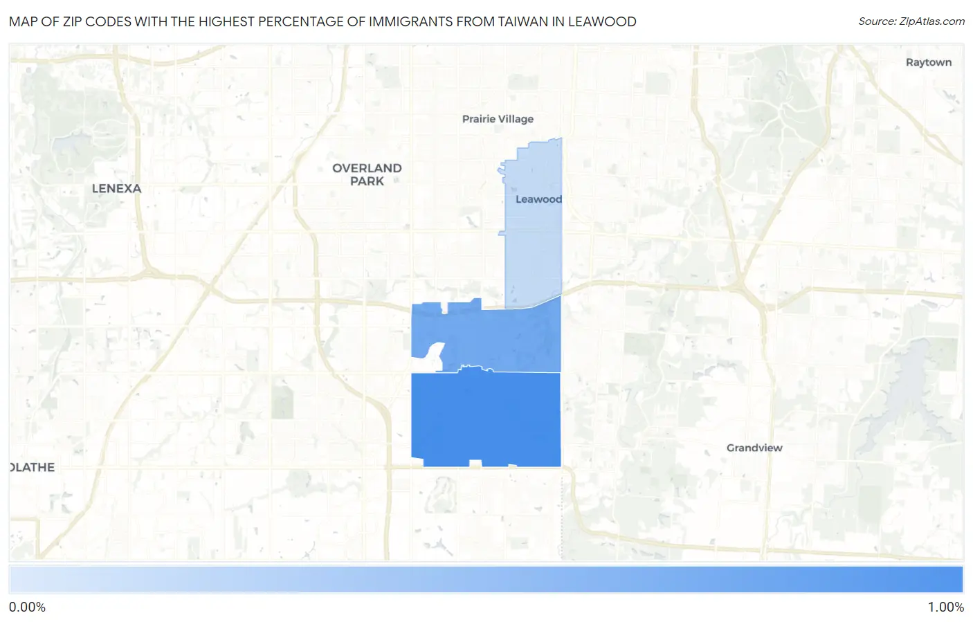 Zip Codes with the Highest Percentage of Immigrants from Taiwan in Leawood Map