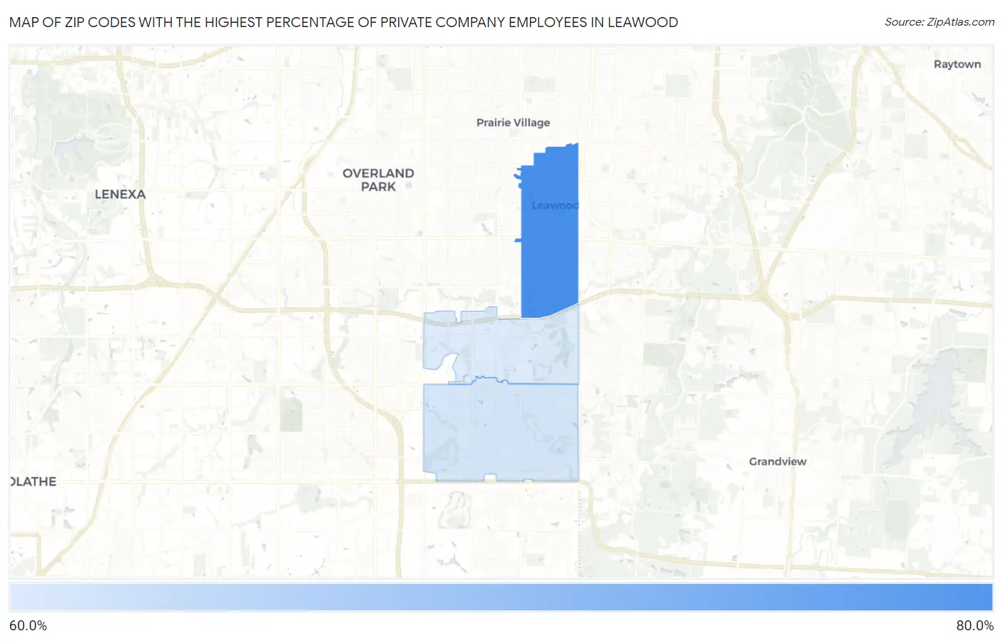 Zip Codes with the Highest Percentage of Private Company Employees in Leawood Map
