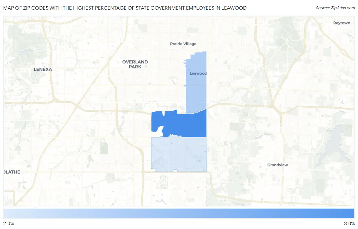 Zip Codes with the Highest Percentage of State Government Employees in Leawood Map