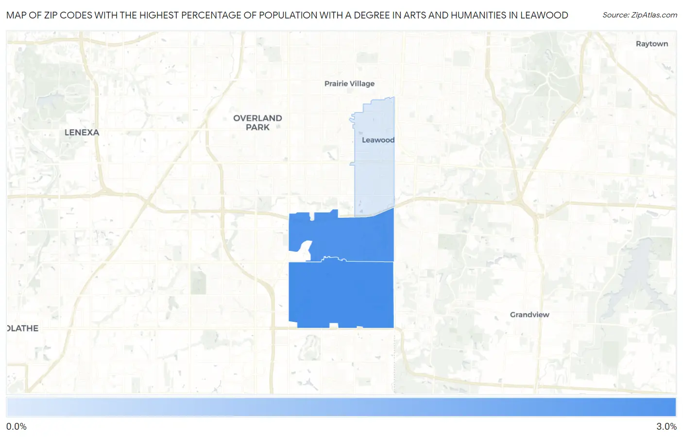 Zip Codes with the Highest Percentage of Population with a Degree in Arts and Humanities in Leawood Map
