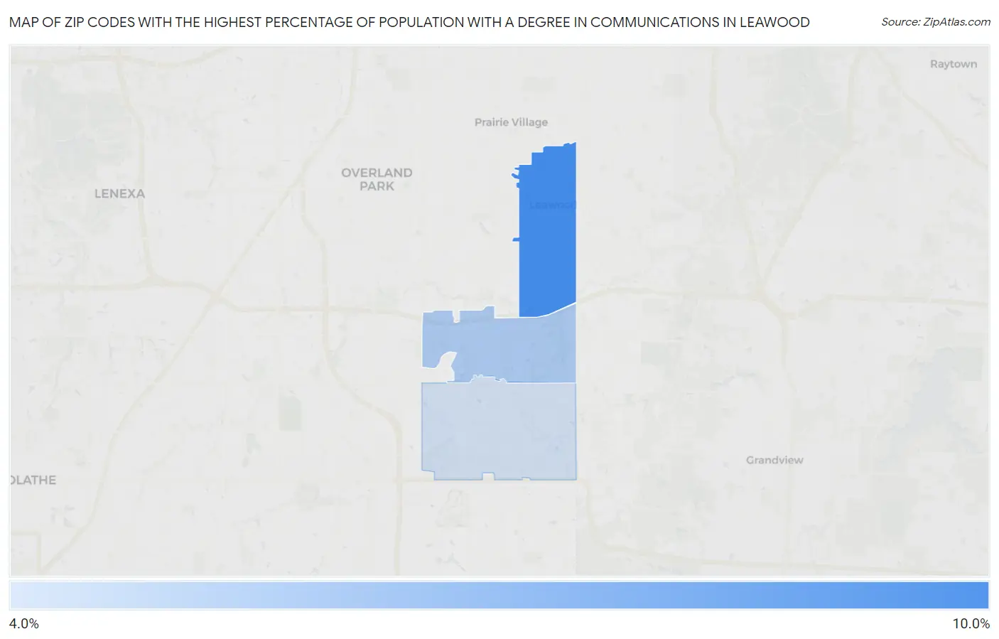 Zip Codes with the Highest Percentage of Population with a Degree in Communications in Leawood Map