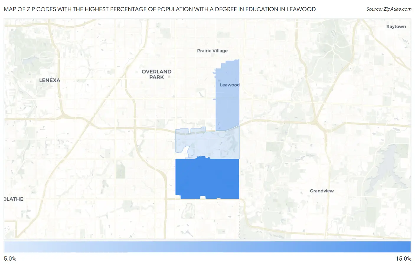 Zip Codes with the Highest Percentage of Population with a Degree in Education in Leawood Map