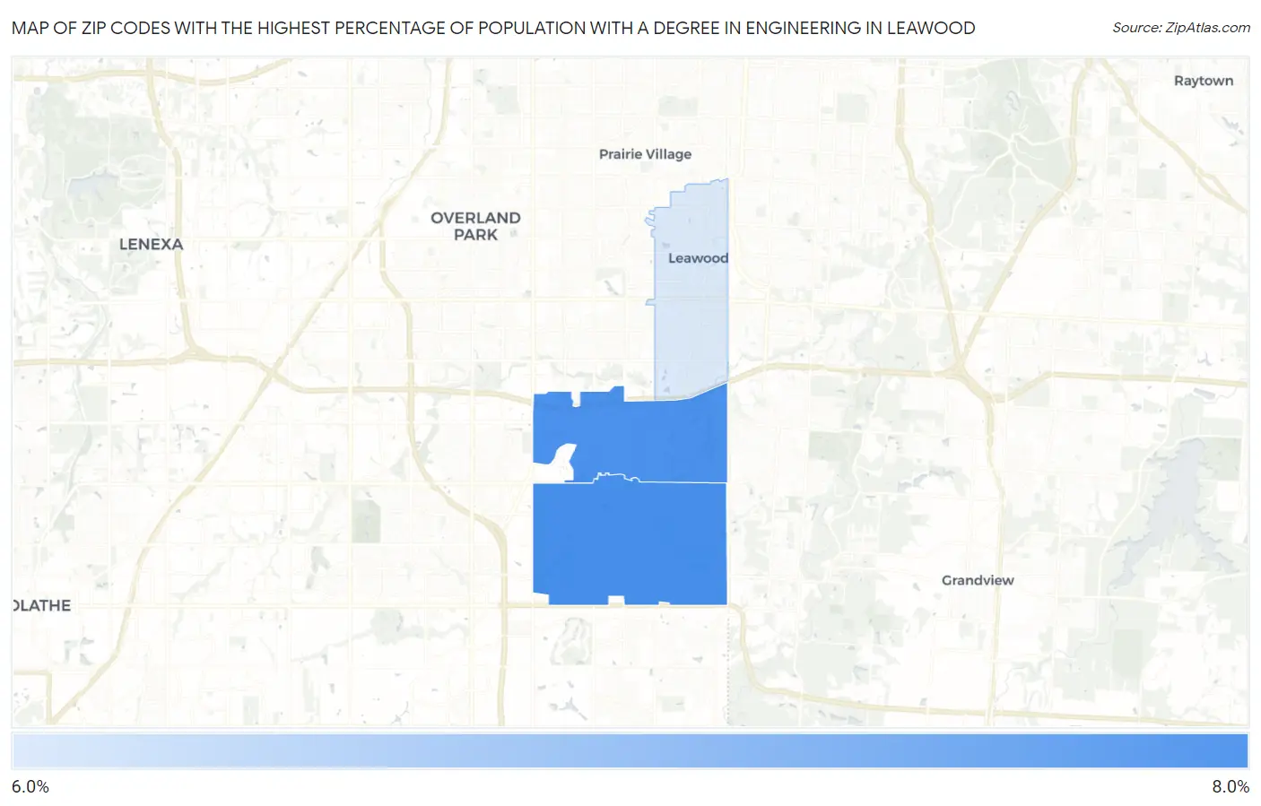 Zip Codes with the Highest Percentage of Population with a Degree in Engineering in Leawood Map
