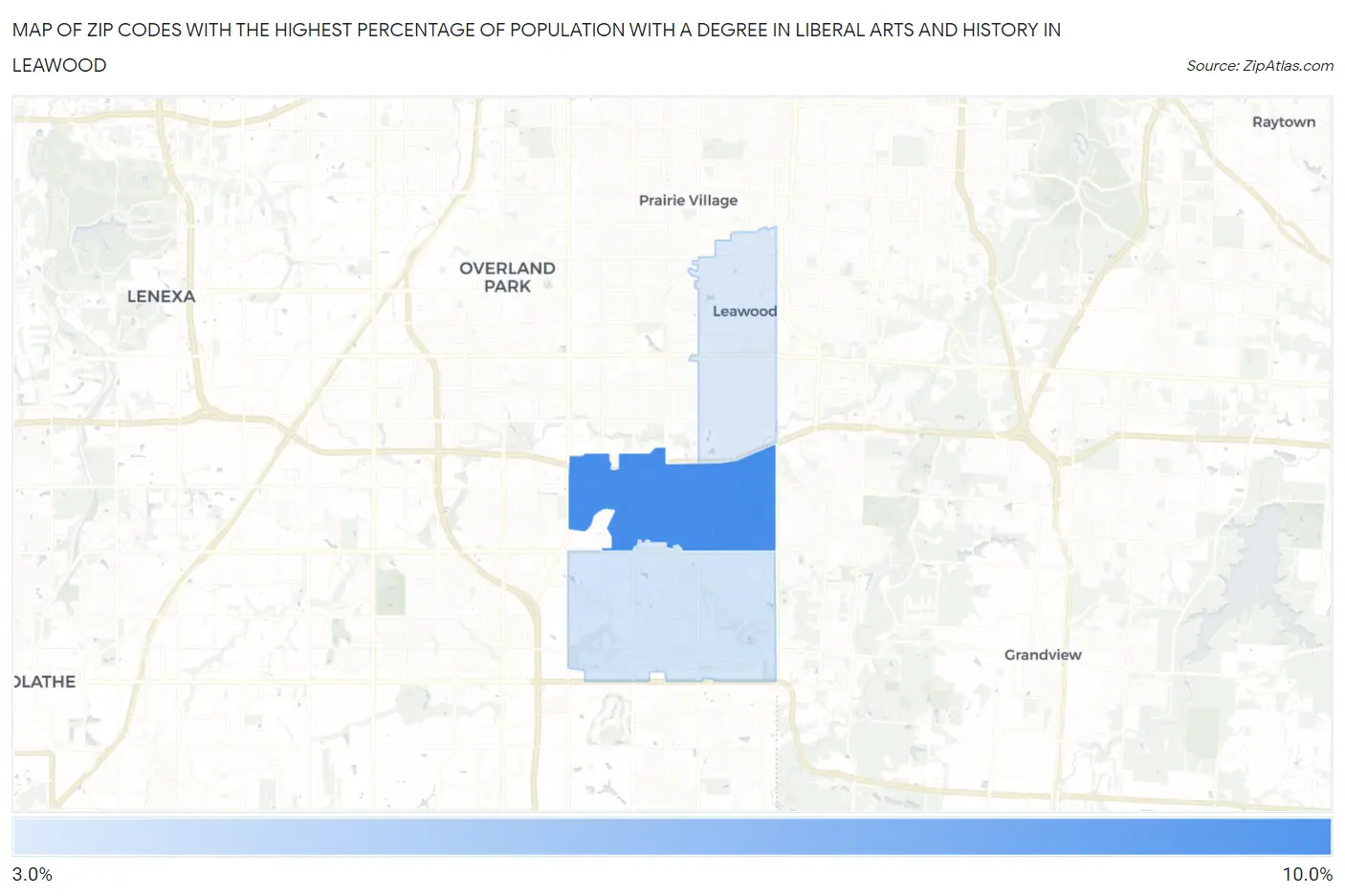 Zip Codes with the Highest Percentage of Population with a Degree in Liberal Arts and History in Leawood Map