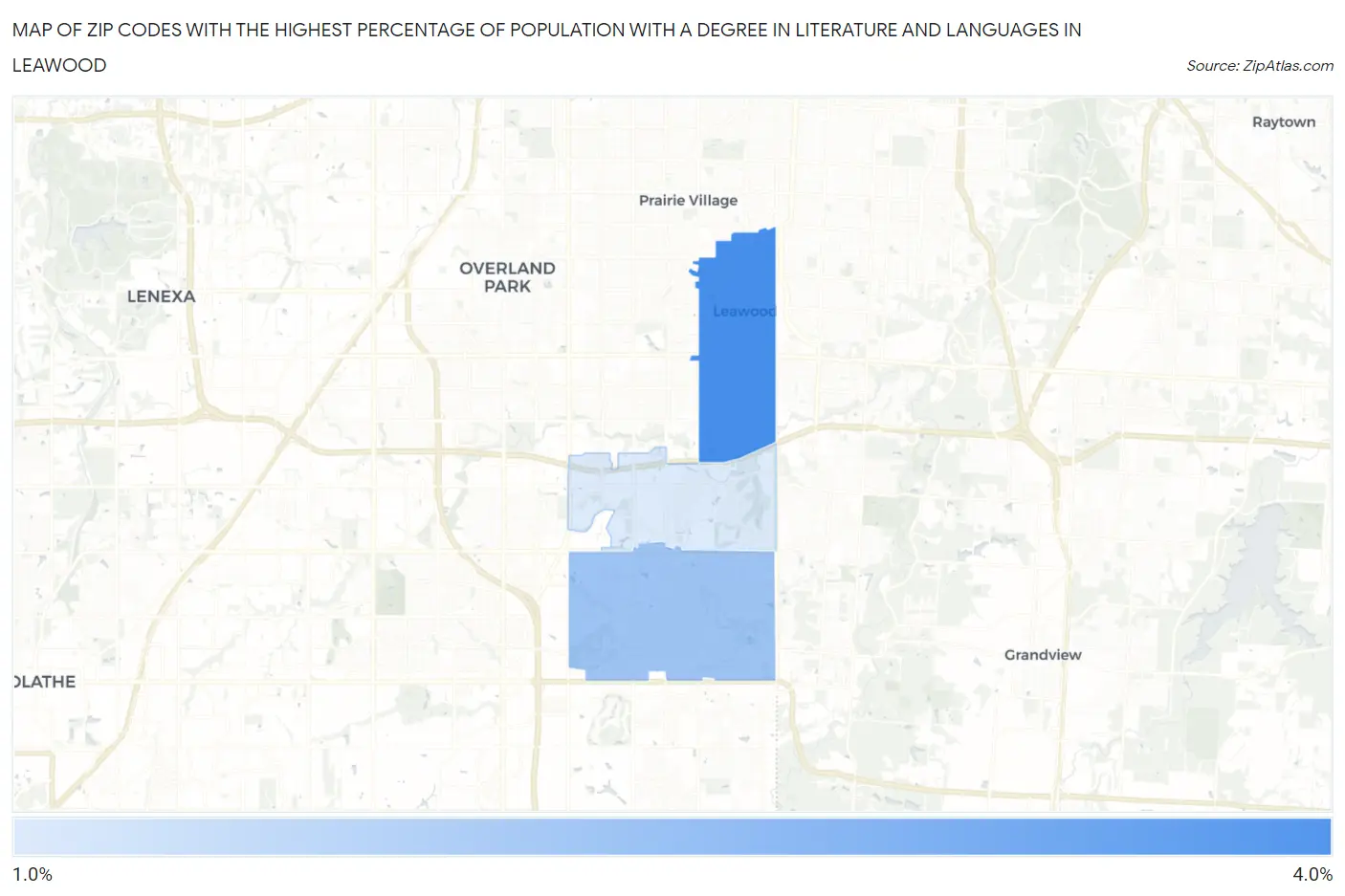 Zip Codes with the Highest Percentage of Population with a Degree in Literature and Languages in Leawood Map