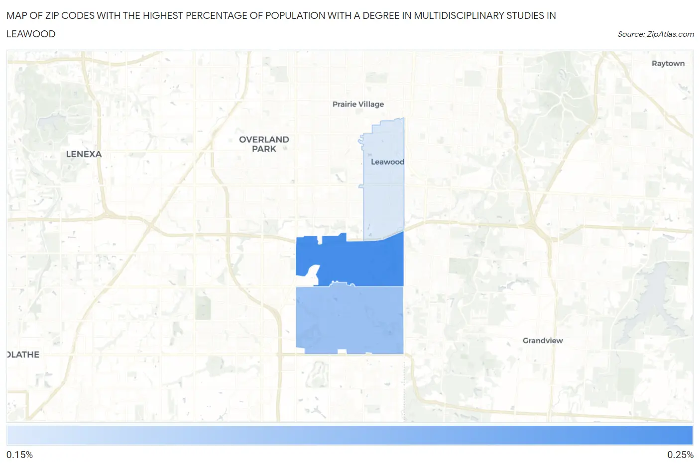 Zip Codes with the Highest Percentage of Population with a Degree in Multidisciplinary Studies in Leawood Map