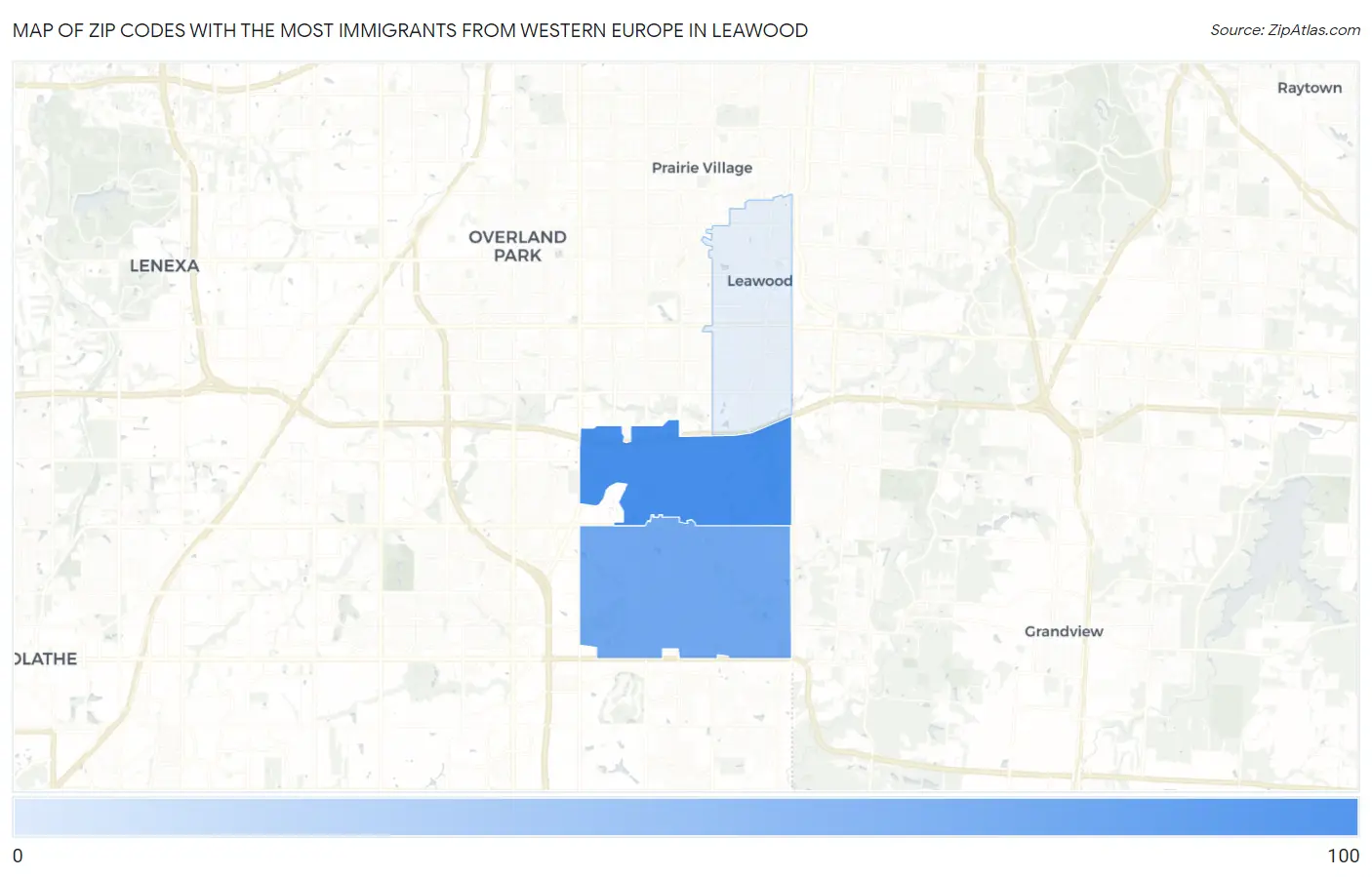 Zip Codes with the Most Immigrants from Western Europe in Leawood Map