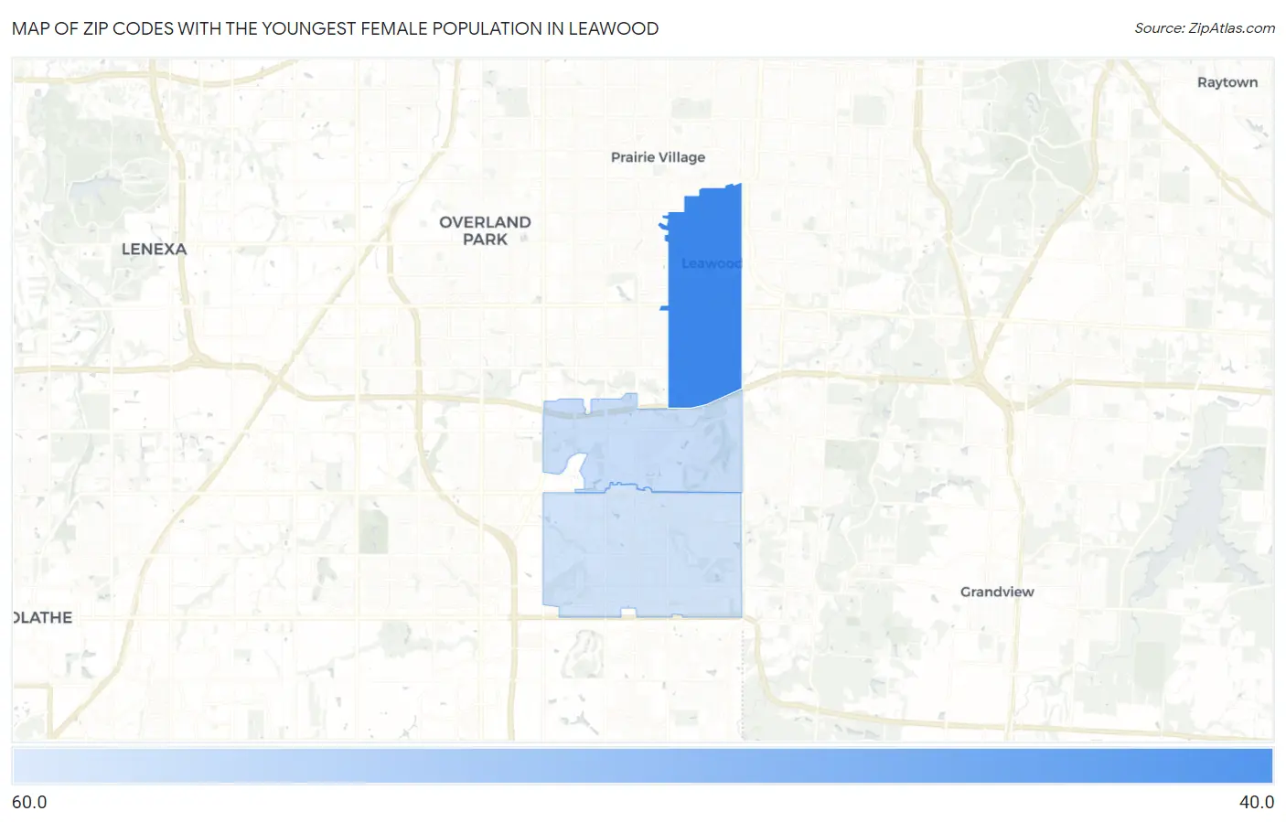 Zip Codes with the Youngest Female Population in Leawood Map