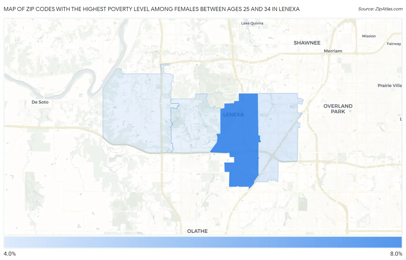 Zip Codes with the Highest Poverty Level Among Females Between Ages 25 and 34 in Lenexa Map