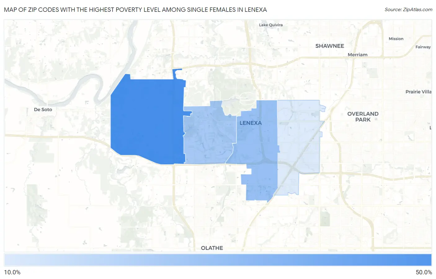 Zip Codes with the Highest Poverty Level Among Single Females in Lenexa Map