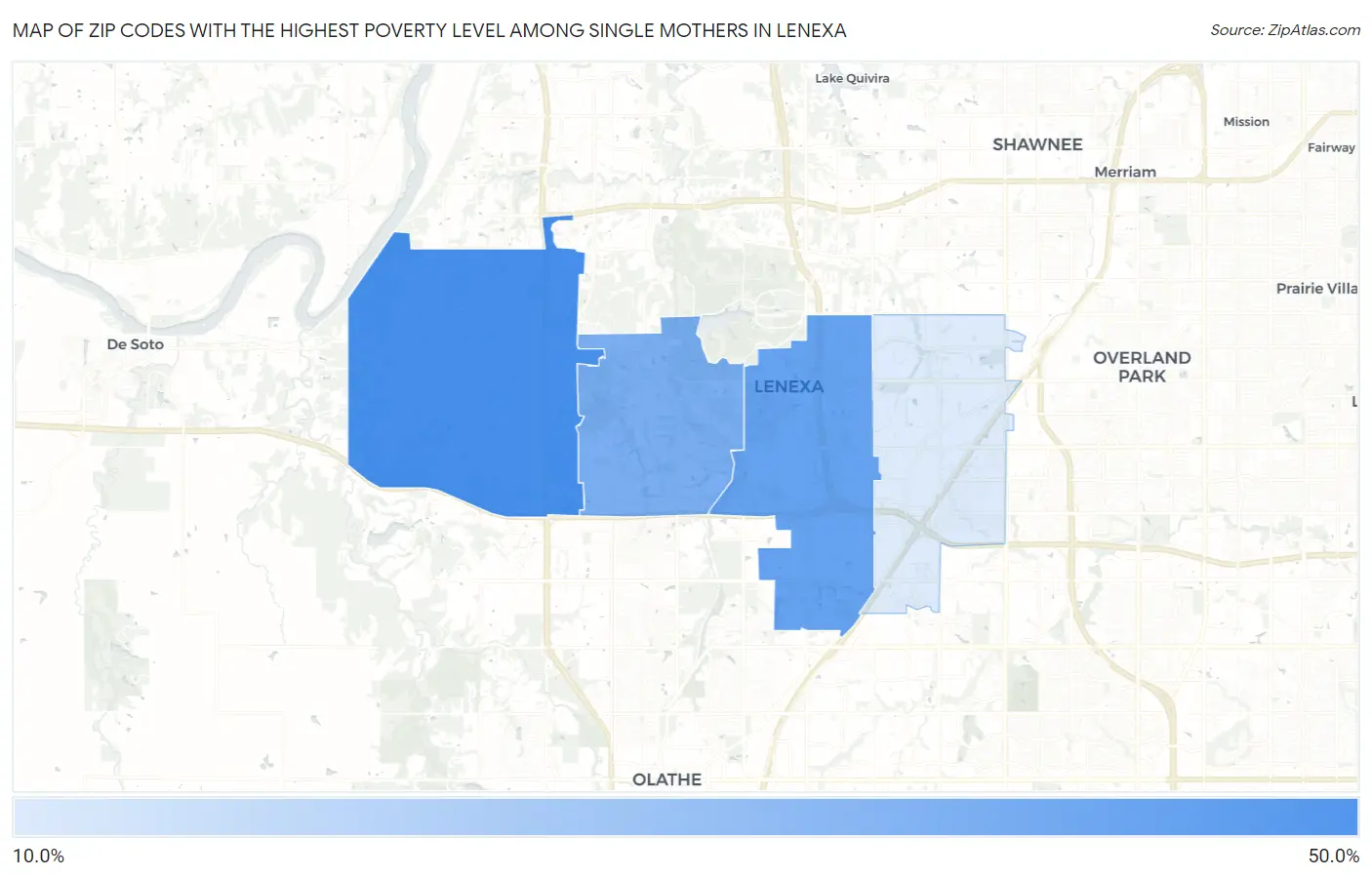 Zip Codes with the Highest Poverty Level Among Single Mothers in Lenexa Map