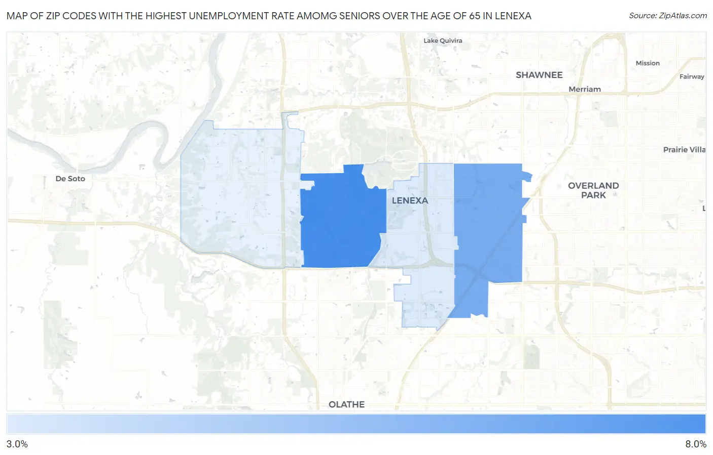 Zip Codes with the Highest Unemployment Rate Amomg Seniors Over the Age of 65 in Lenexa Map