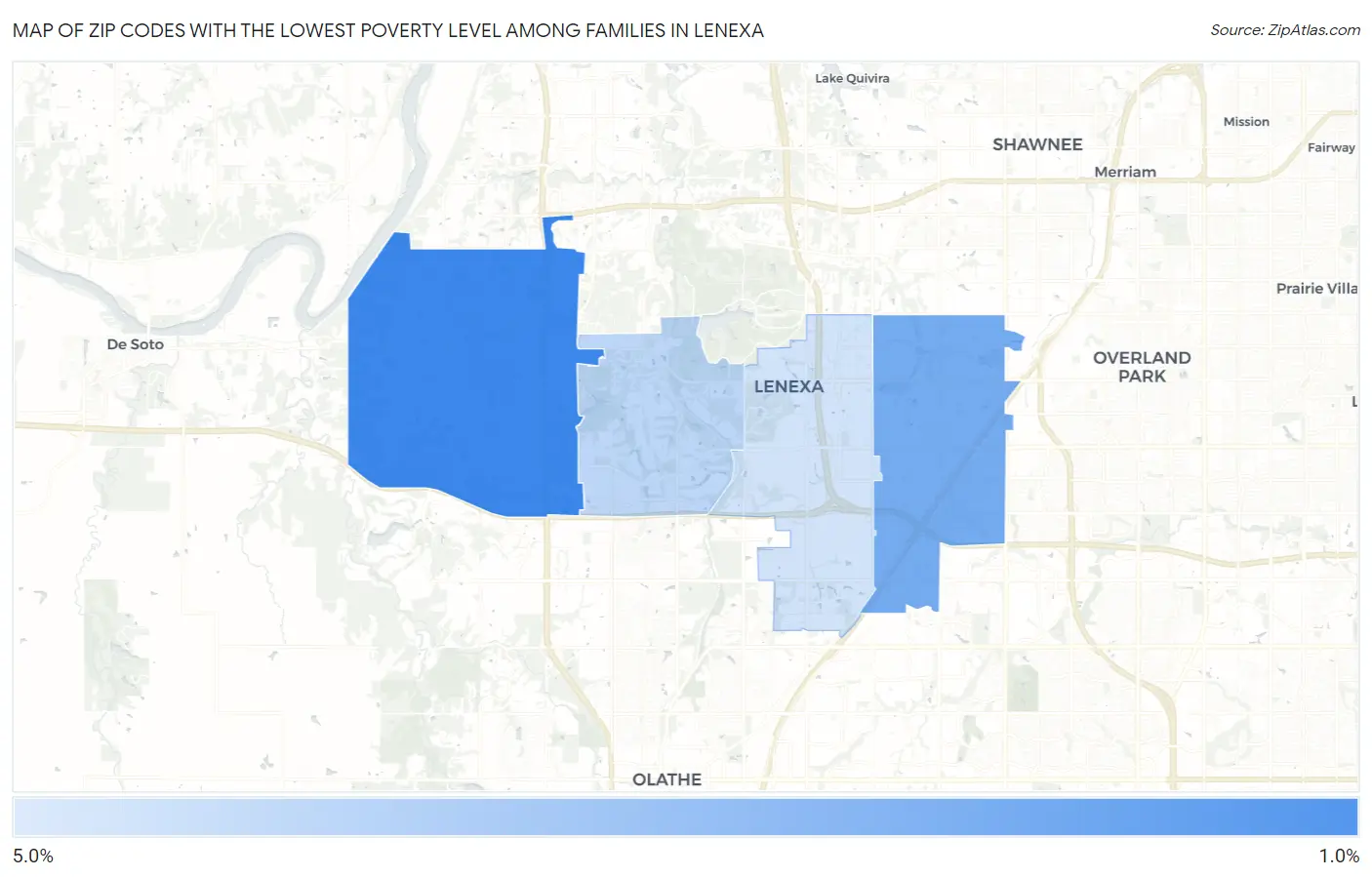 Zip Codes with the Lowest Poverty Level Among Families in Lenexa Map