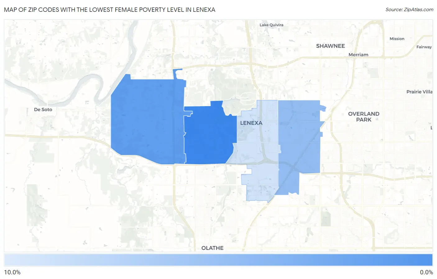 Zip Codes with the Lowest Female Poverty Level in Lenexa Map