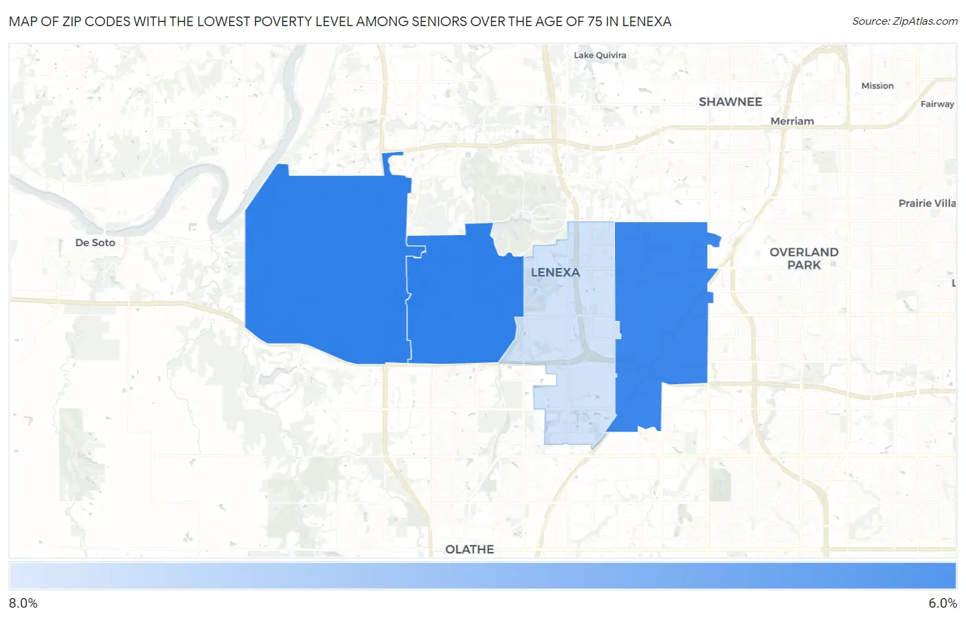 Zip Codes with the Lowest Poverty Level Among Seniors Over the Age of 75 in Lenexa Map