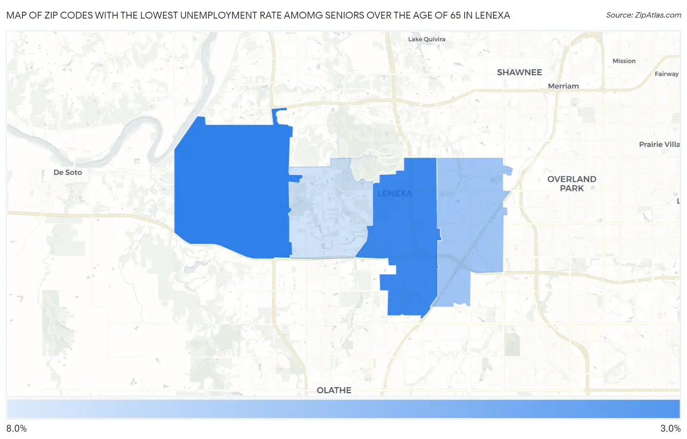 Zip Codes with the Lowest Unemployment Rate Amomg Seniors Over the Age of 65 in Lenexa Map