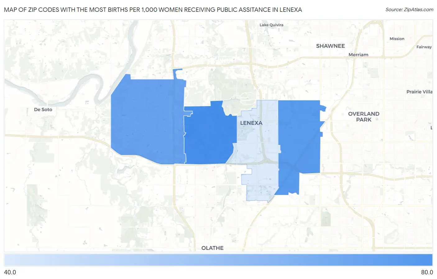 Zip Codes with the Most Births per 1,000 Women Receiving Public Assitance in Lenexa Map