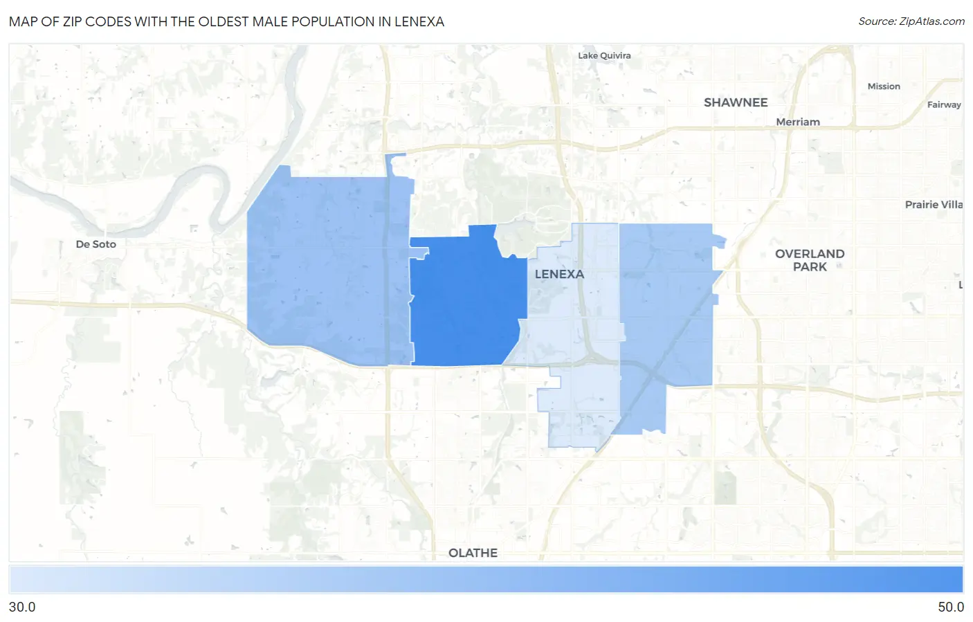 Zip Codes with the Oldest Male Population in Lenexa Map