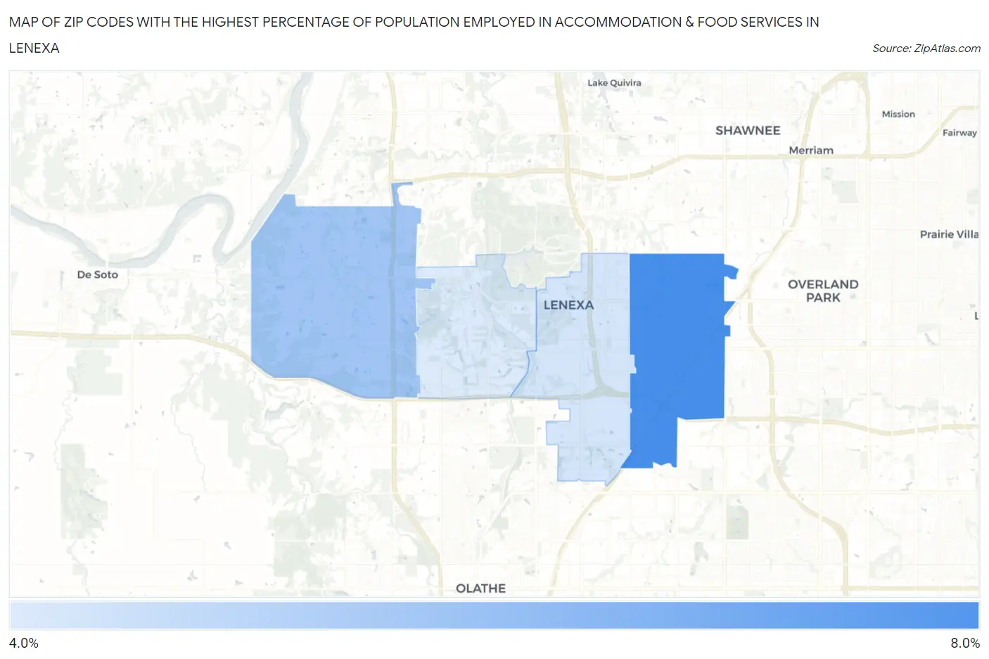 Zip Codes with the Highest Percentage of Population Employed in Accommodation & Food Services in Lenexa Map