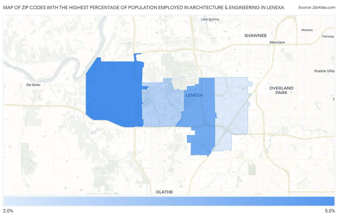 Zip Codes with the Highest Percentage of Population Employed in Architecture & Engineering in Lenexa Map