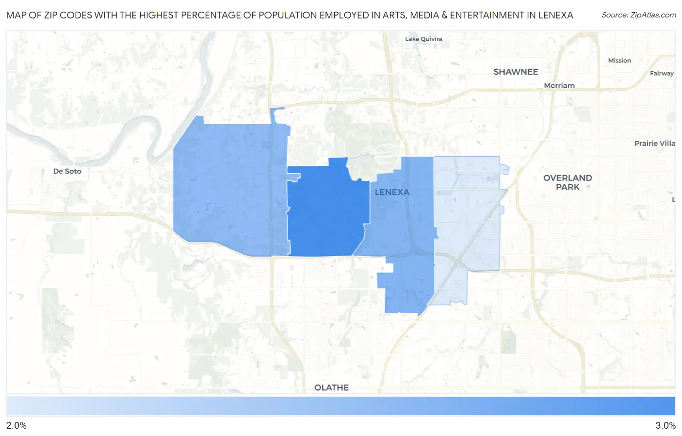 Zip Codes with the Highest Percentage of Population Employed in Arts, Media & Entertainment in Lenexa Map