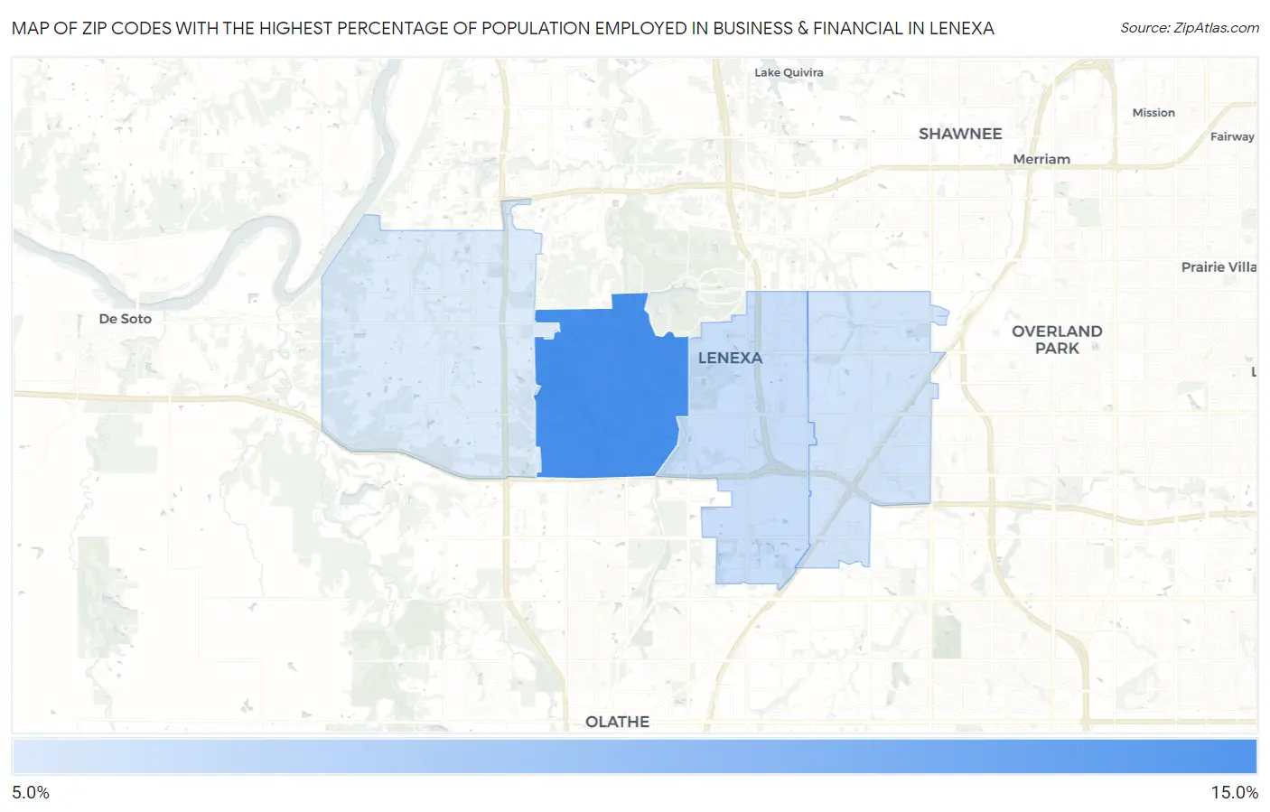 Zip Codes with the Highest Percentage of Population Employed in Business & Financial in Lenexa Map