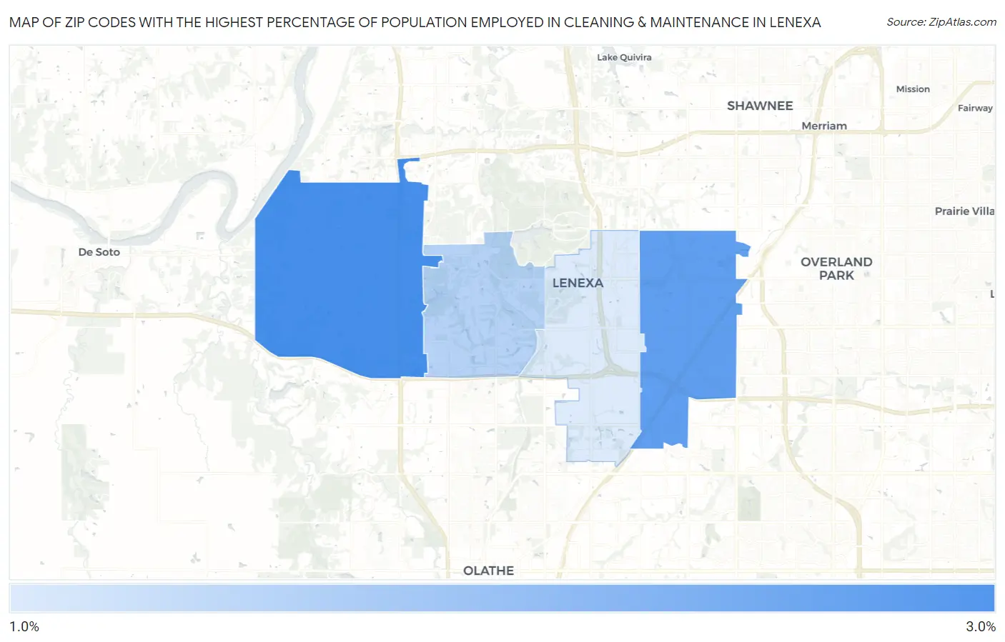 Zip Codes with the Highest Percentage of Population Employed in Cleaning & Maintenance in Lenexa Map