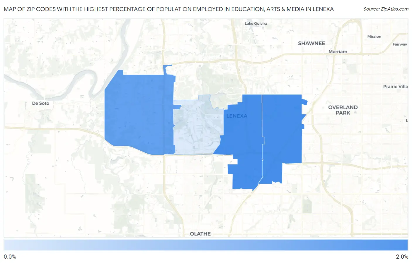 Zip Codes with the Highest Percentage of Population Employed in Education, Arts & Media in Lenexa Map