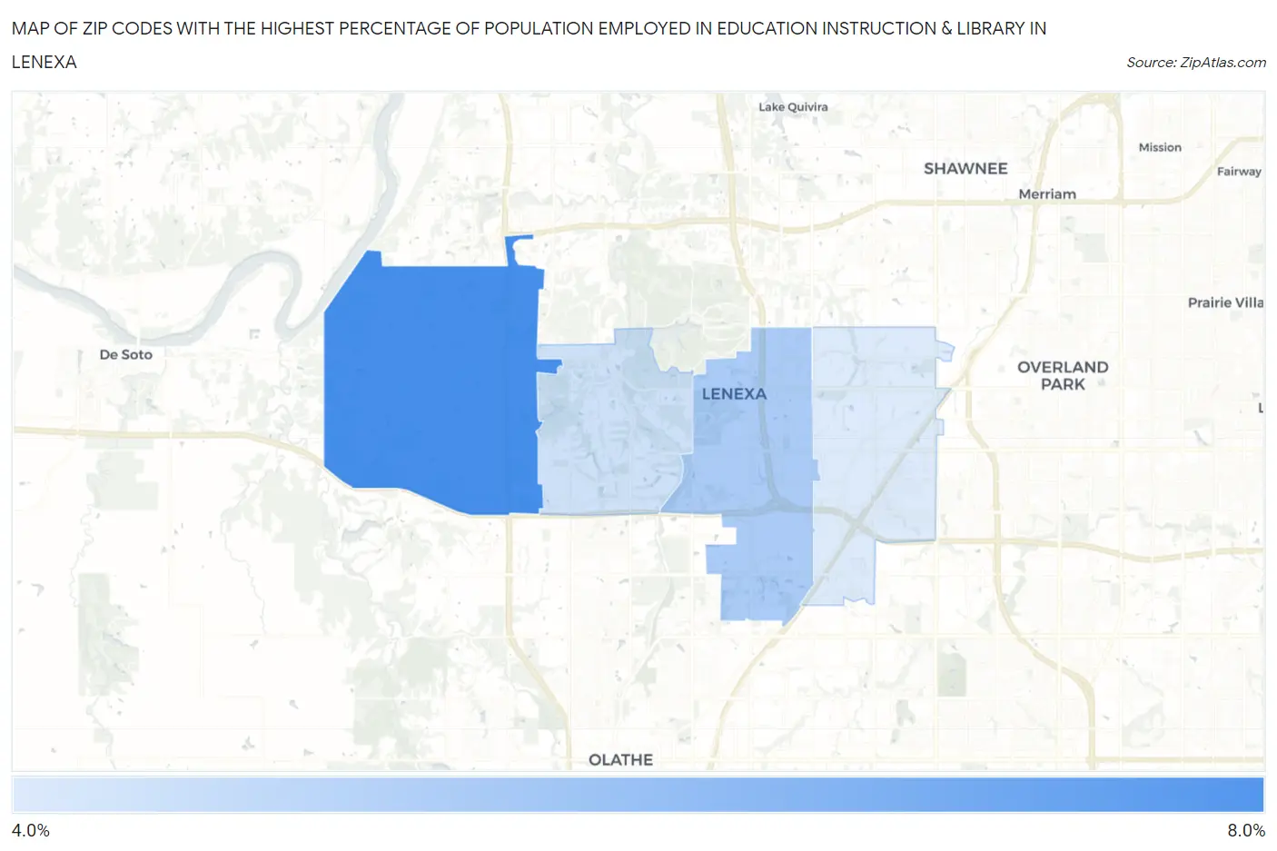 Zip Codes with the Highest Percentage of Population Employed in Education Instruction & Library in Lenexa Map
