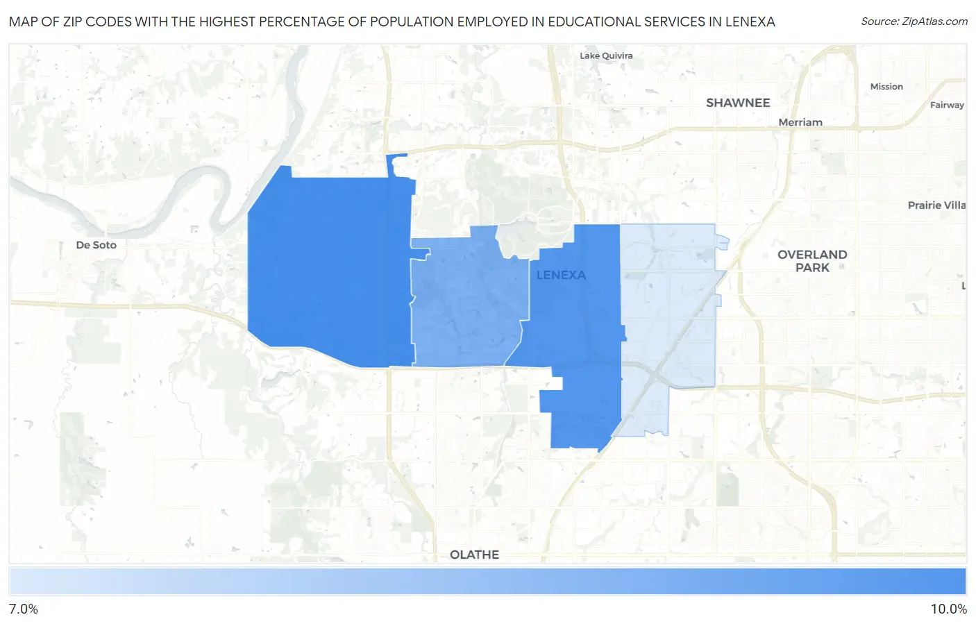 Zip Codes with the Highest Percentage of Population Employed in Educational Services in Lenexa Map