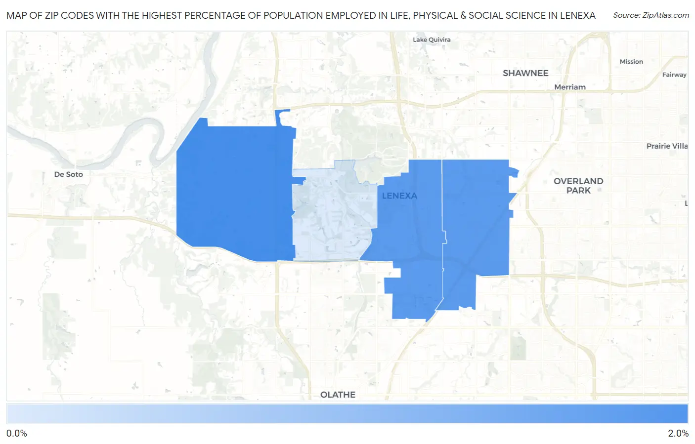 Zip Codes with the Highest Percentage of Population Employed in Life, Physical & Social Science in Lenexa Map