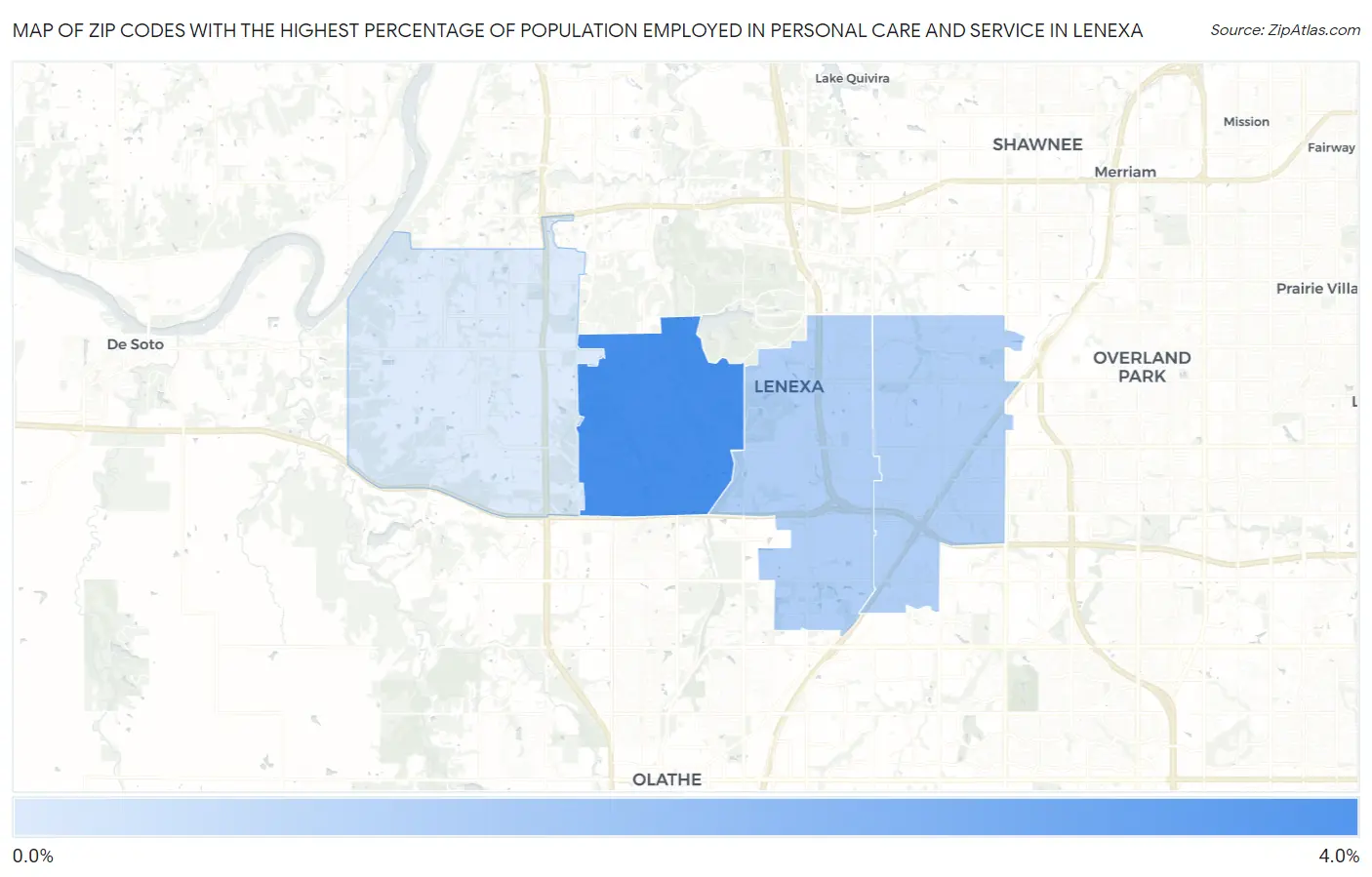 Zip Codes with the Highest Percentage of Population Employed in Personal Care and Service in Lenexa Map