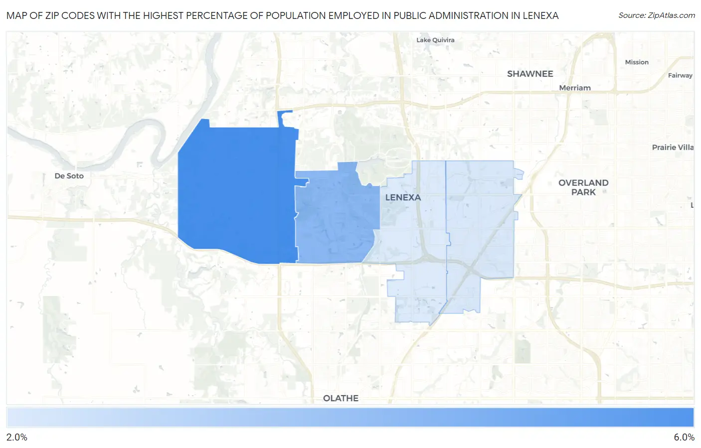 Zip Codes with the Highest Percentage of Population Employed in Public Administration in Lenexa Map