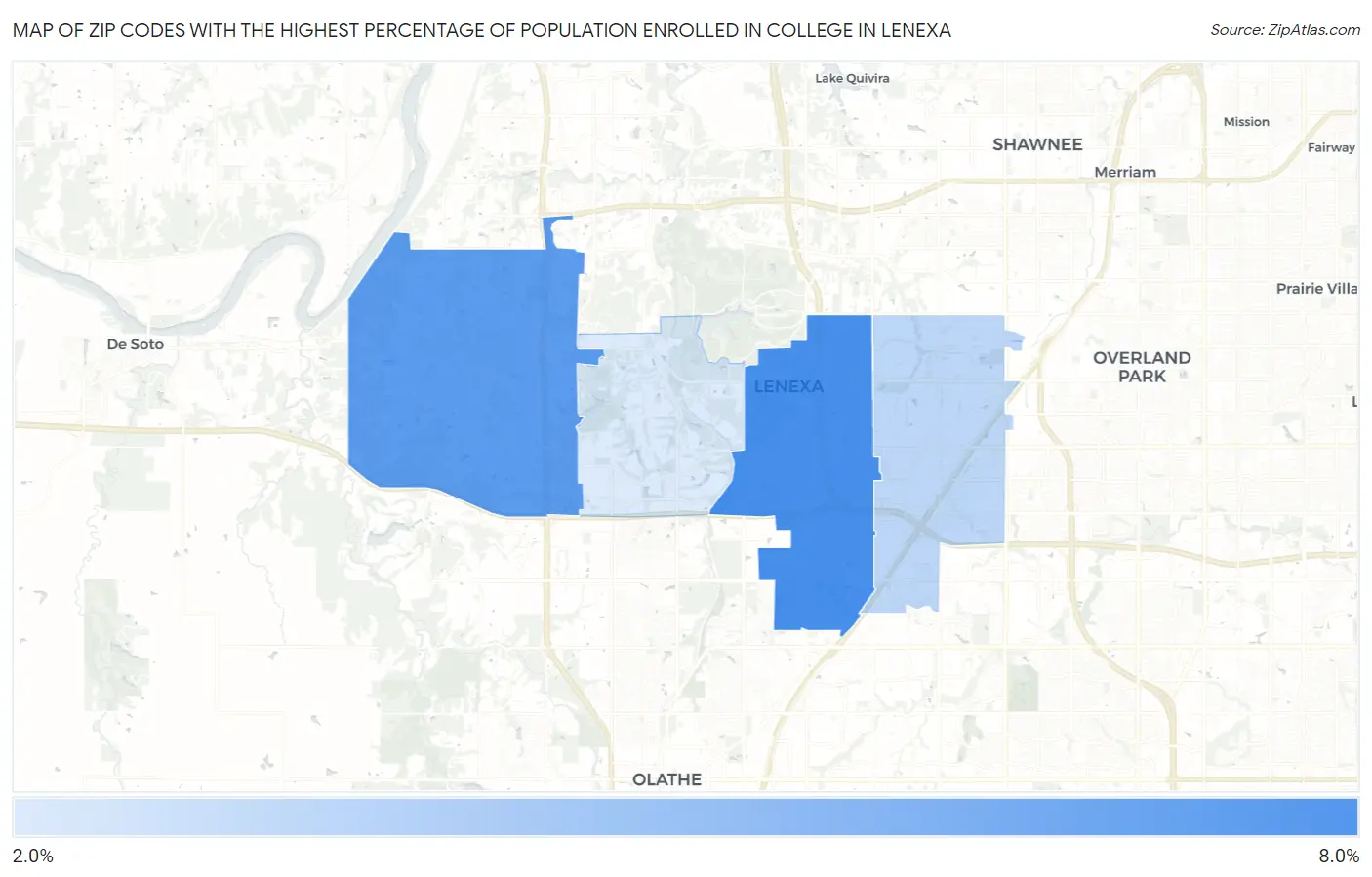 Zip Codes with the Highest Percentage of Population Enrolled in College in Lenexa Map