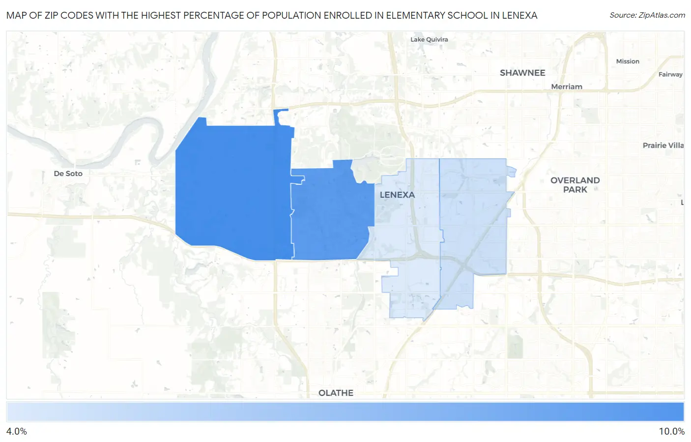 Zip Codes with the Highest Percentage of Population Enrolled in Elementary School in Lenexa Map