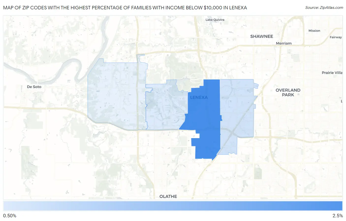 Zip Codes with the Highest Percentage of Families with Income Below $10,000 in Lenexa Map