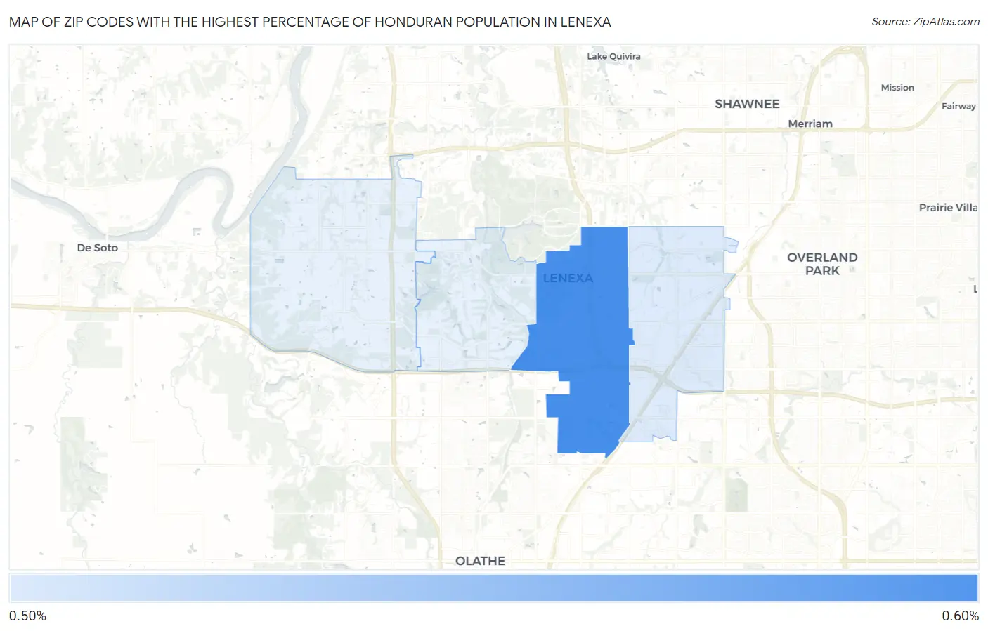 Zip Codes with the Highest Percentage of Honduran Population in Lenexa Map