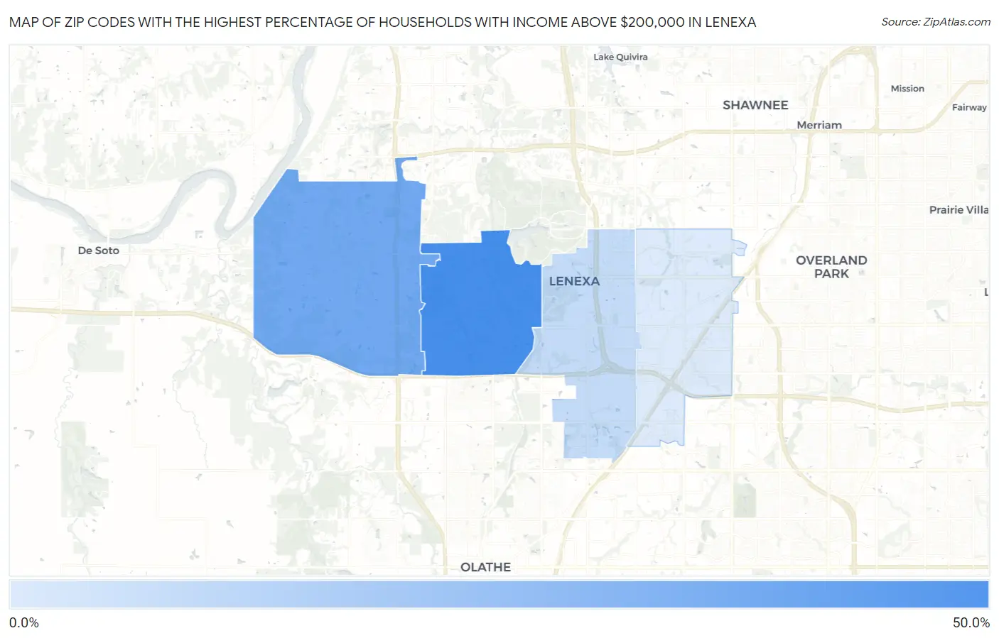 Zip Codes with the Highest Percentage of Households with Income Above $200,000 in Lenexa Map
