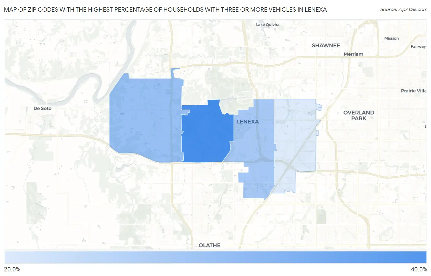 Zip Codes with the Highest Percentage of Households With Three or more Vehicles in Lenexa Map