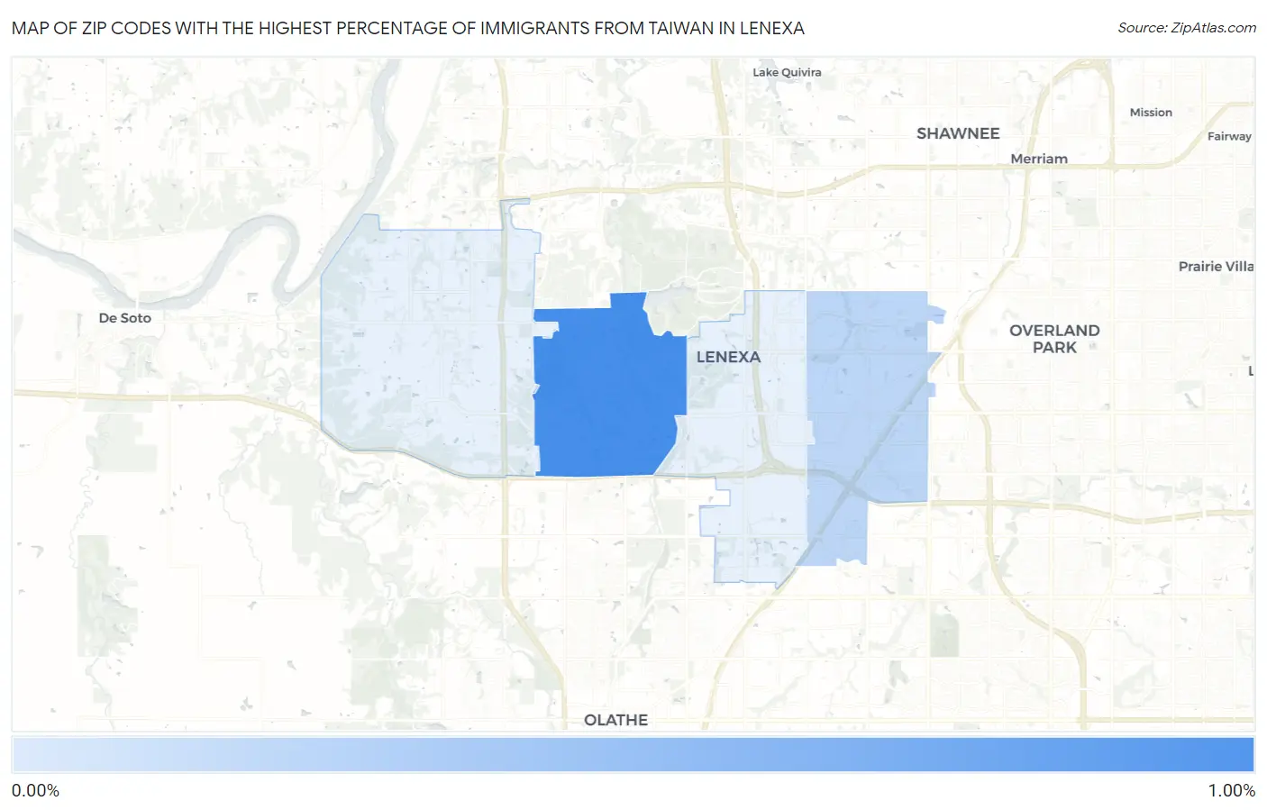 Zip Codes with the Highest Percentage of Immigrants from Taiwan in Lenexa Map