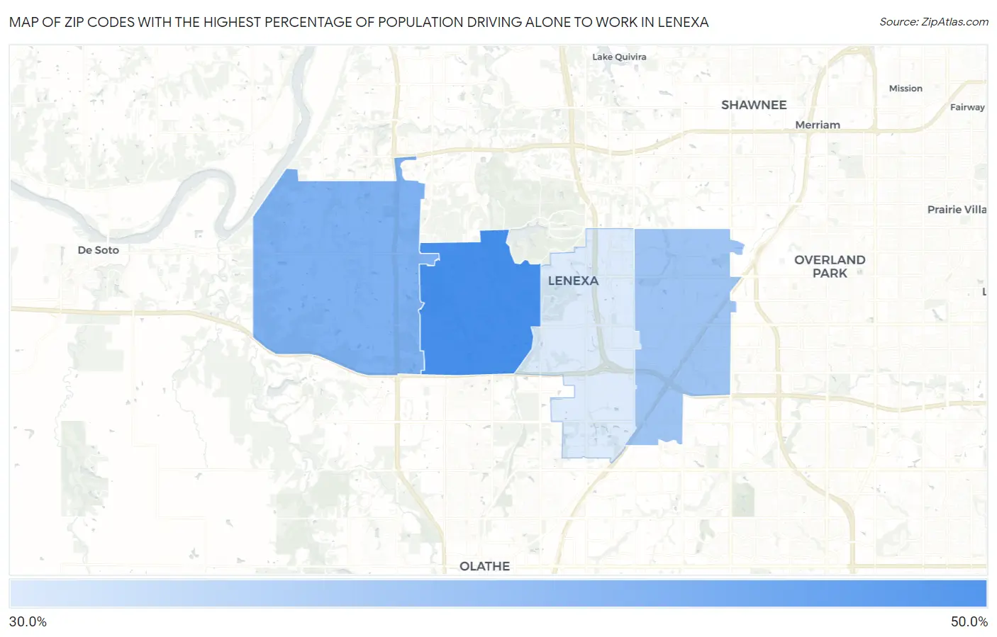Zip Codes with the Highest Percentage of Population Driving Alone to Work in Lenexa Map