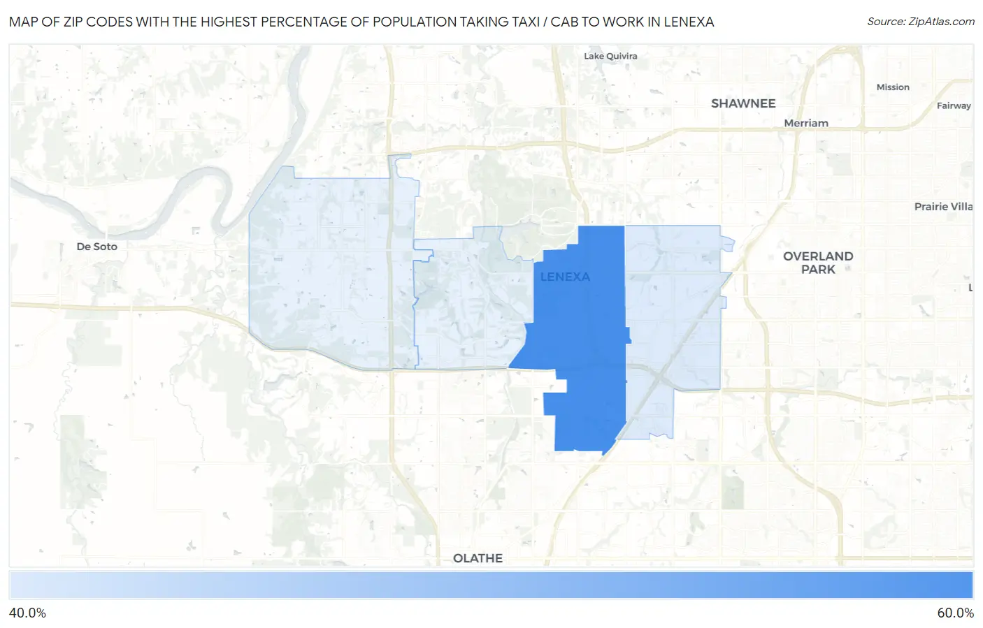 Zip Codes with the Highest Percentage of Population Taking Taxi / Cab to Work in Lenexa Map