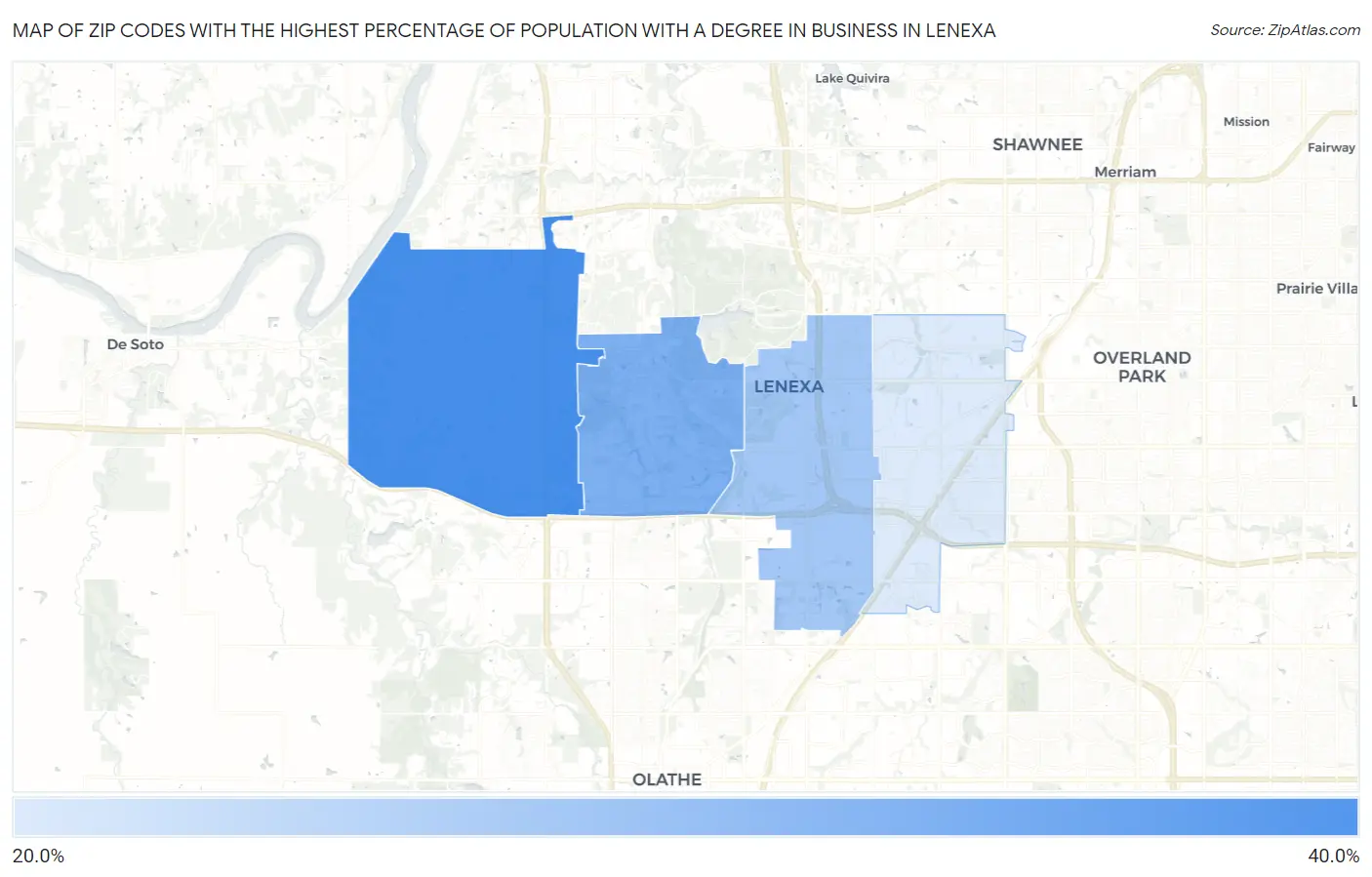 Zip Codes with the Highest Percentage of Population with a Degree in Business in Lenexa Map
