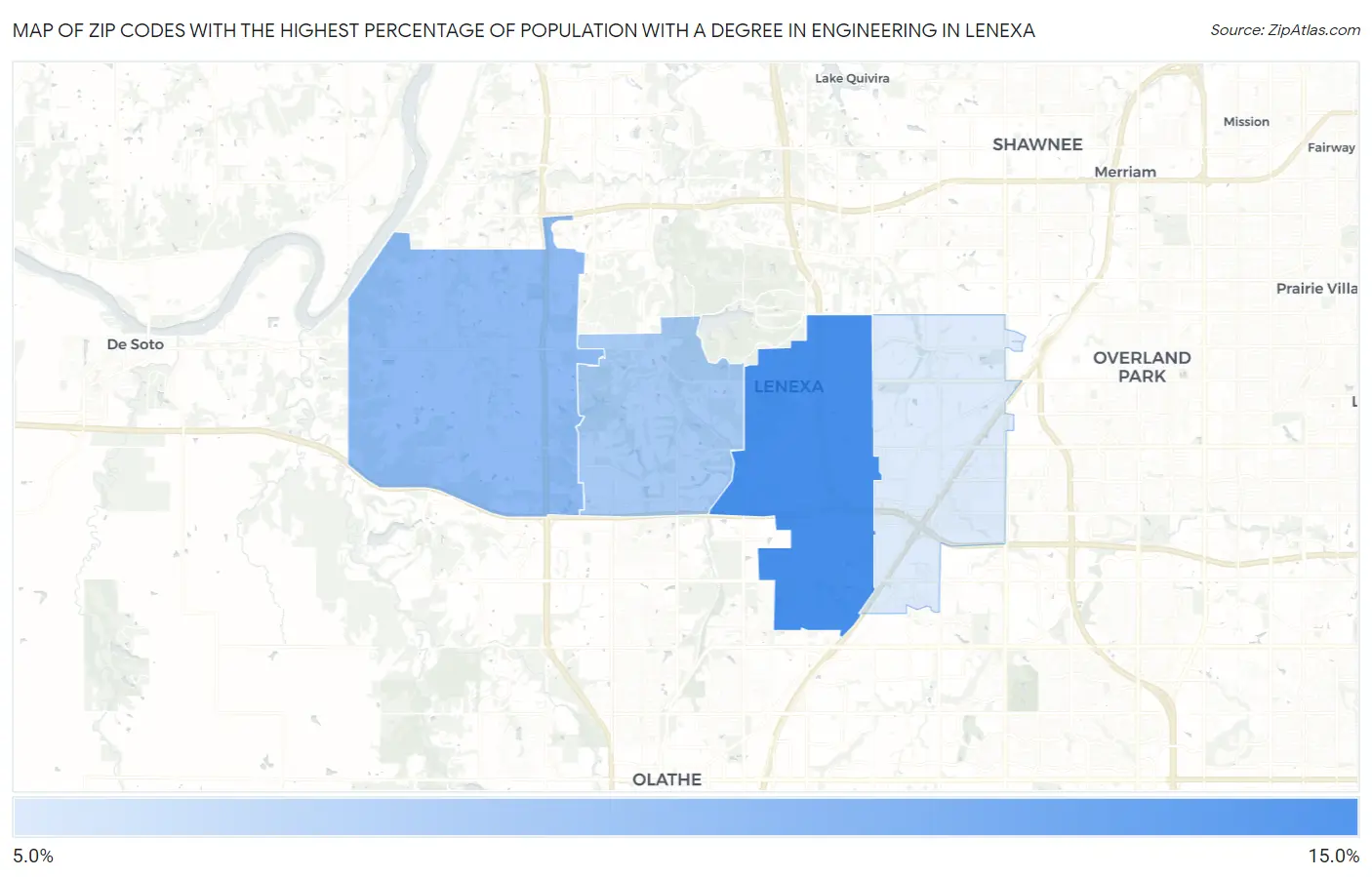Zip Codes with the Highest Percentage of Population with a Degree in Engineering in Lenexa Map