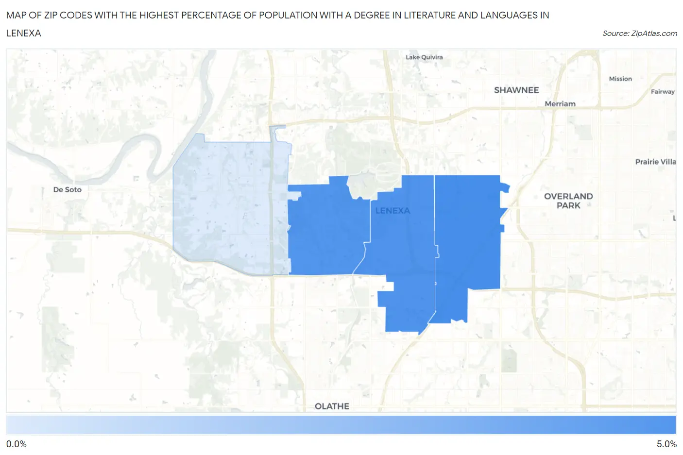Zip Codes with the Highest Percentage of Population with a Degree in Literature and Languages in Lenexa Map
