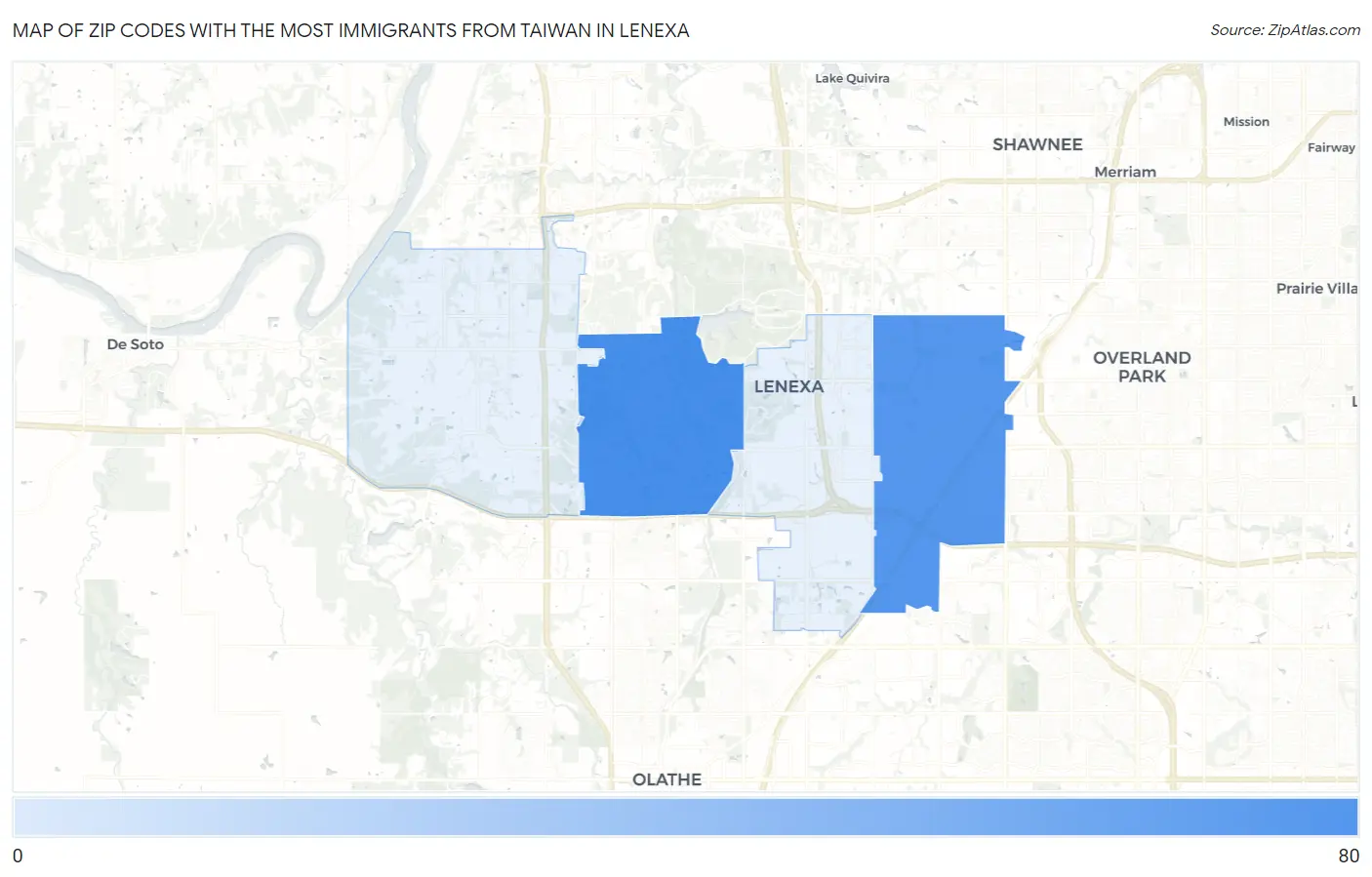 Zip Codes with the Most Immigrants from Taiwan in Lenexa Map