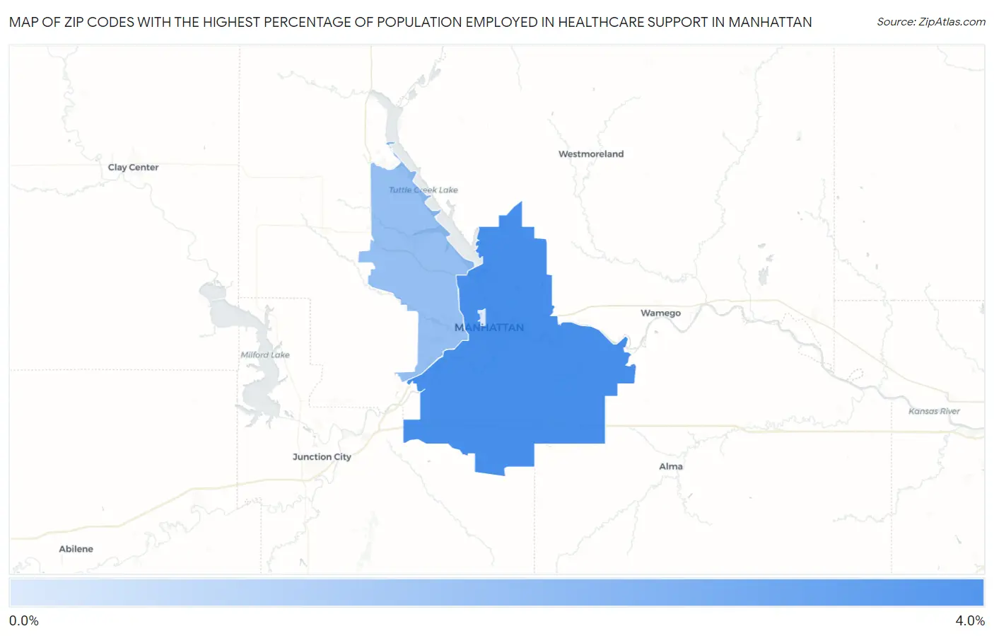 Zip Codes with the Highest Percentage of Population Employed in Healthcare Support in Manhattan Map